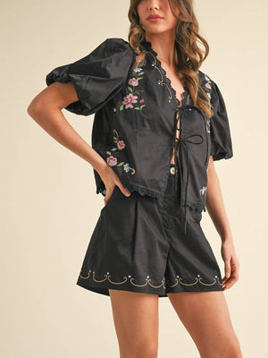 Floral Embroidery Lace Trom Top & Shorts Set