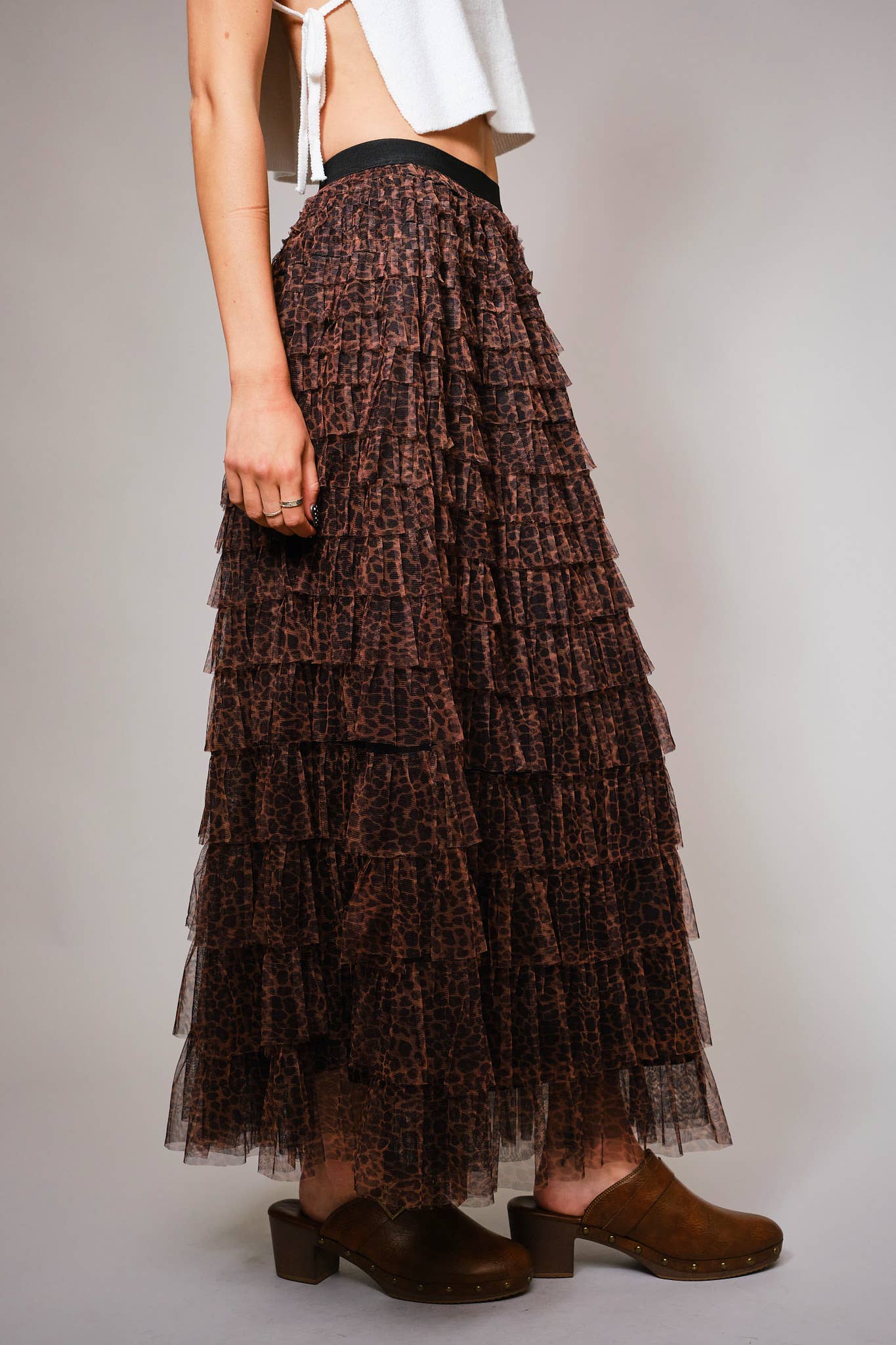 Leopard Tiered Ruffle Mesh Maxi Skirt