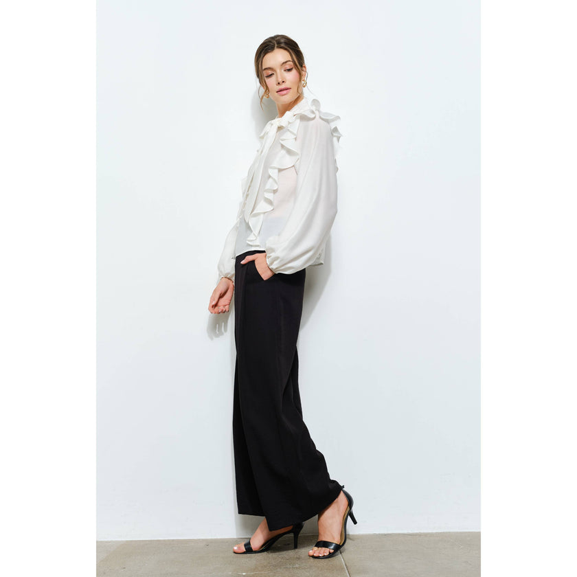 Soft Wool Blouse with Bow Tie & Pearl Buttons