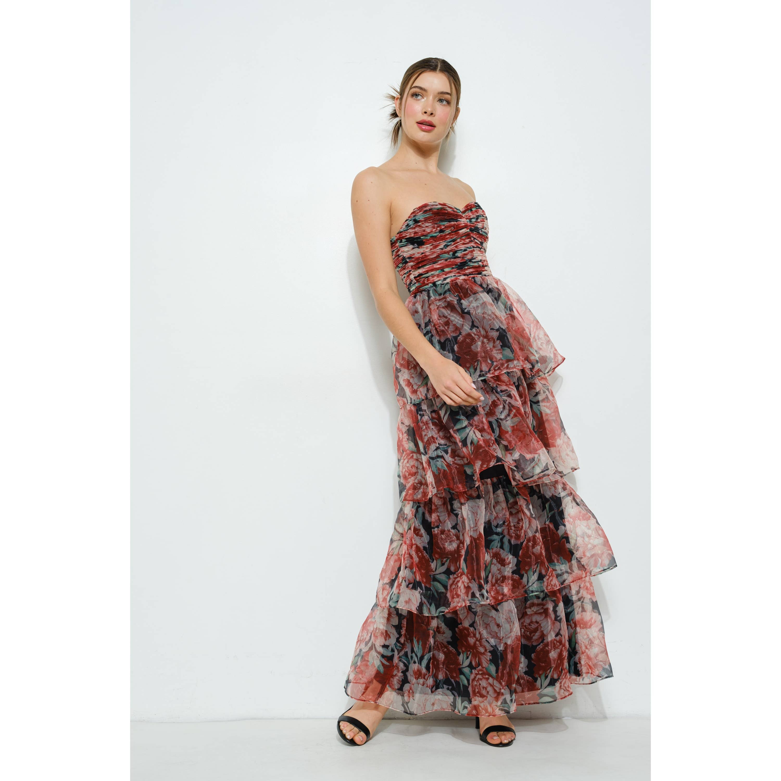 Floral-Tiered Strapless Maxi Dress