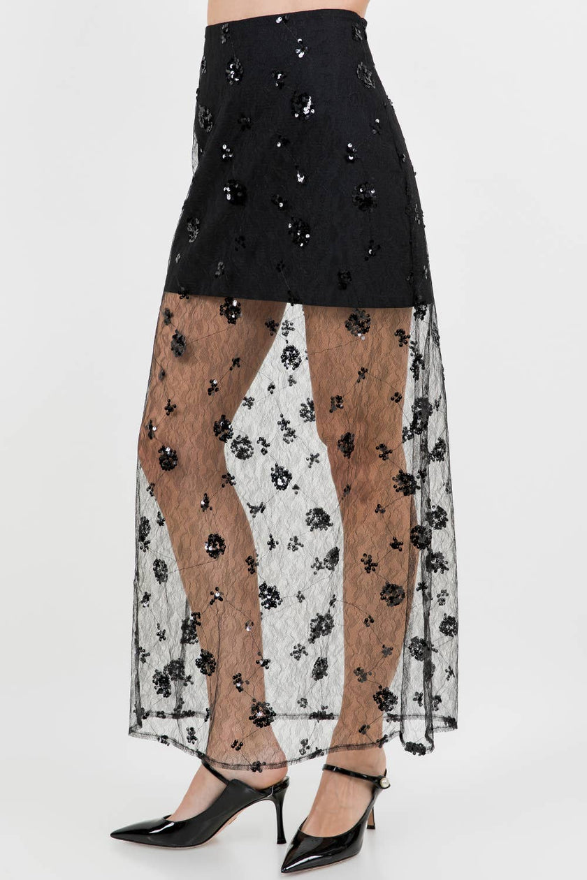 Semi Sheer Sequined Lace Midi Skirt