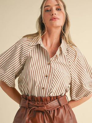 Striped Bubble Sleeve Button Down Top | Pecan Strip