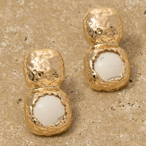 Hammered Square And Stone Stud Dangle Earrings