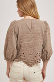 Lace Cutout Bottom Hem Bubble Sleeve Top
