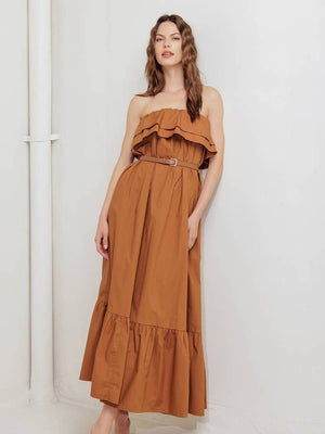 Strapless Ruffle Woven Midi Dress