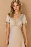Dull Satin Lace Trim Plunging Midi Dress