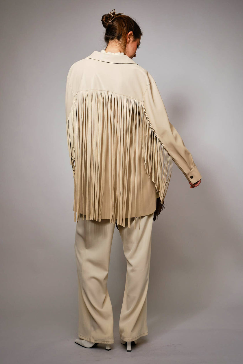 Fringe Trim Faux Leather Snap Jacket