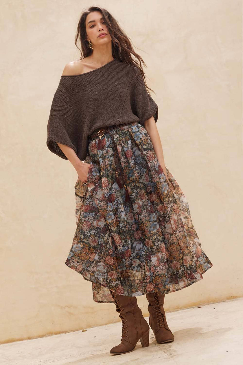 Floral-Print Organza Pleated Midi Skirt