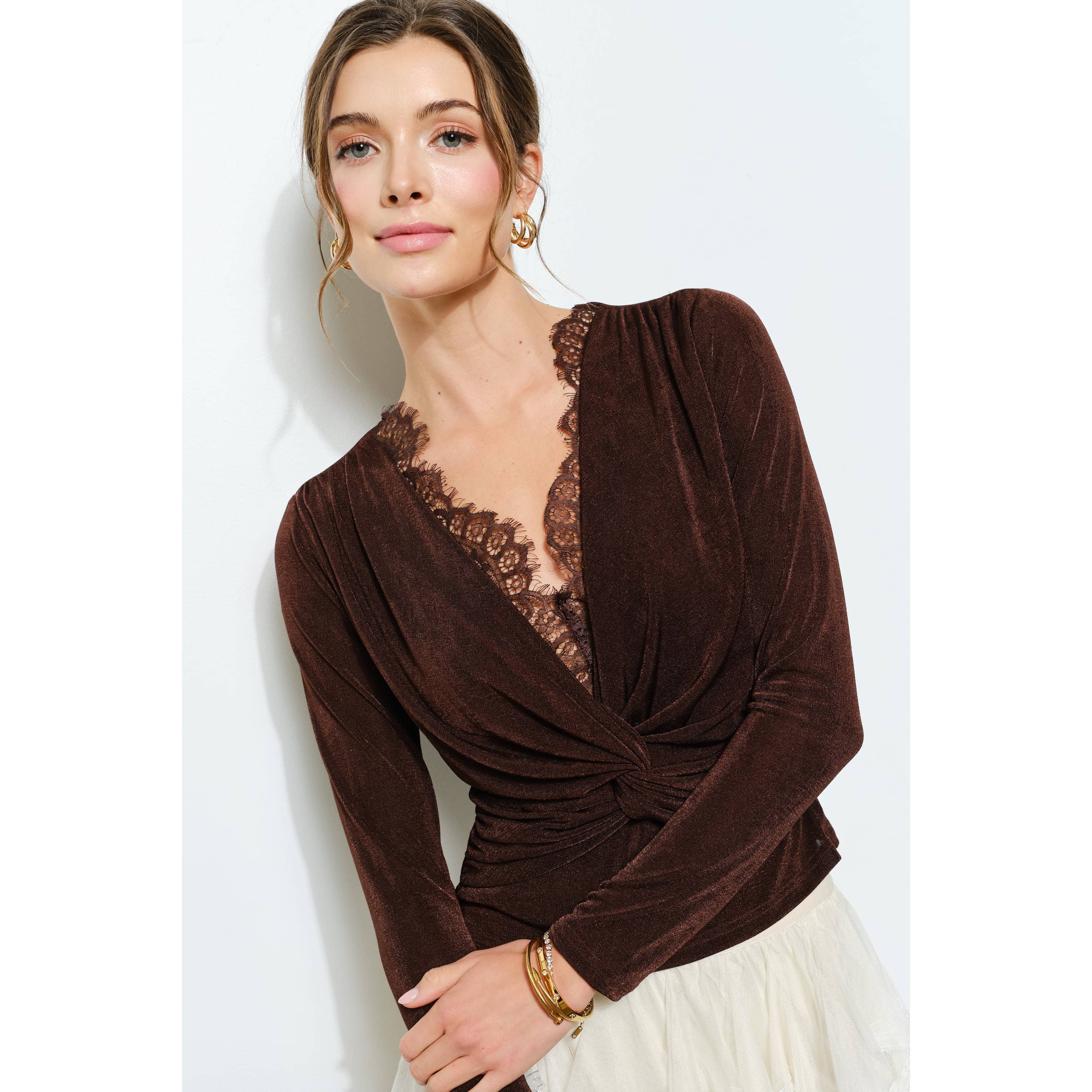 Velvet Twist-Front Long Sleeve Top