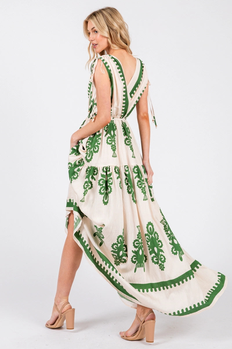 Damask Boarder Print V-Neck Maxi Dress | Green