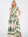 Damask Boarder Print V-Neck Maxi Dress | Green