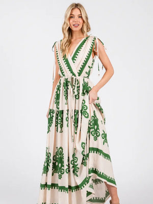 Damask Boarder Print V-Neck Maxi Dress | Green