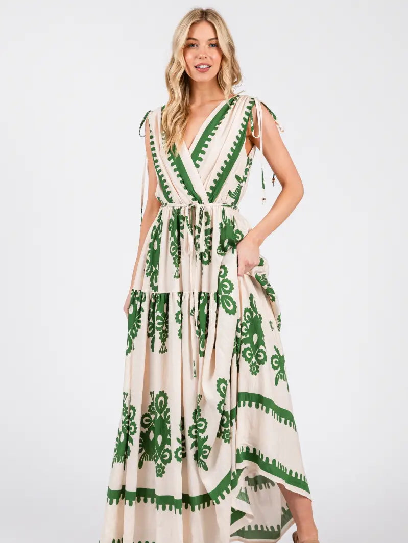 Damask Boarder Print V-Neck Maxi Dress | Green