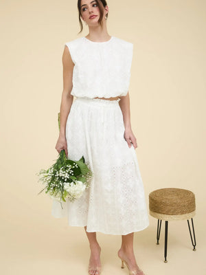 Eyelet Ruffle Detail Sleeveless Top & Midi Skirt
