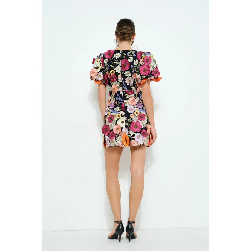Floral Appliqué Puff Sleeve Mini Dress