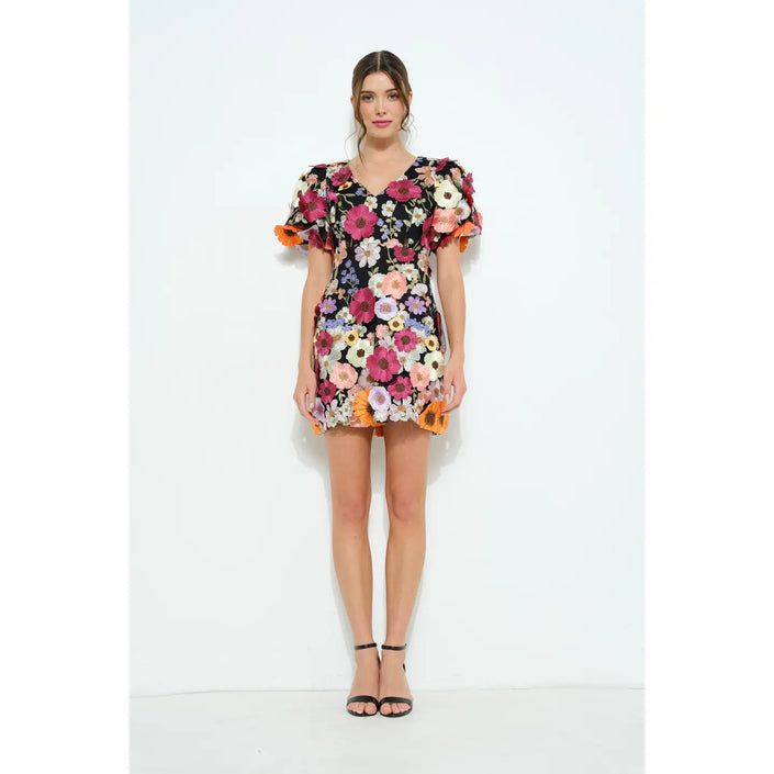 Floral Appliqué Puff Sleeve Mini Dress