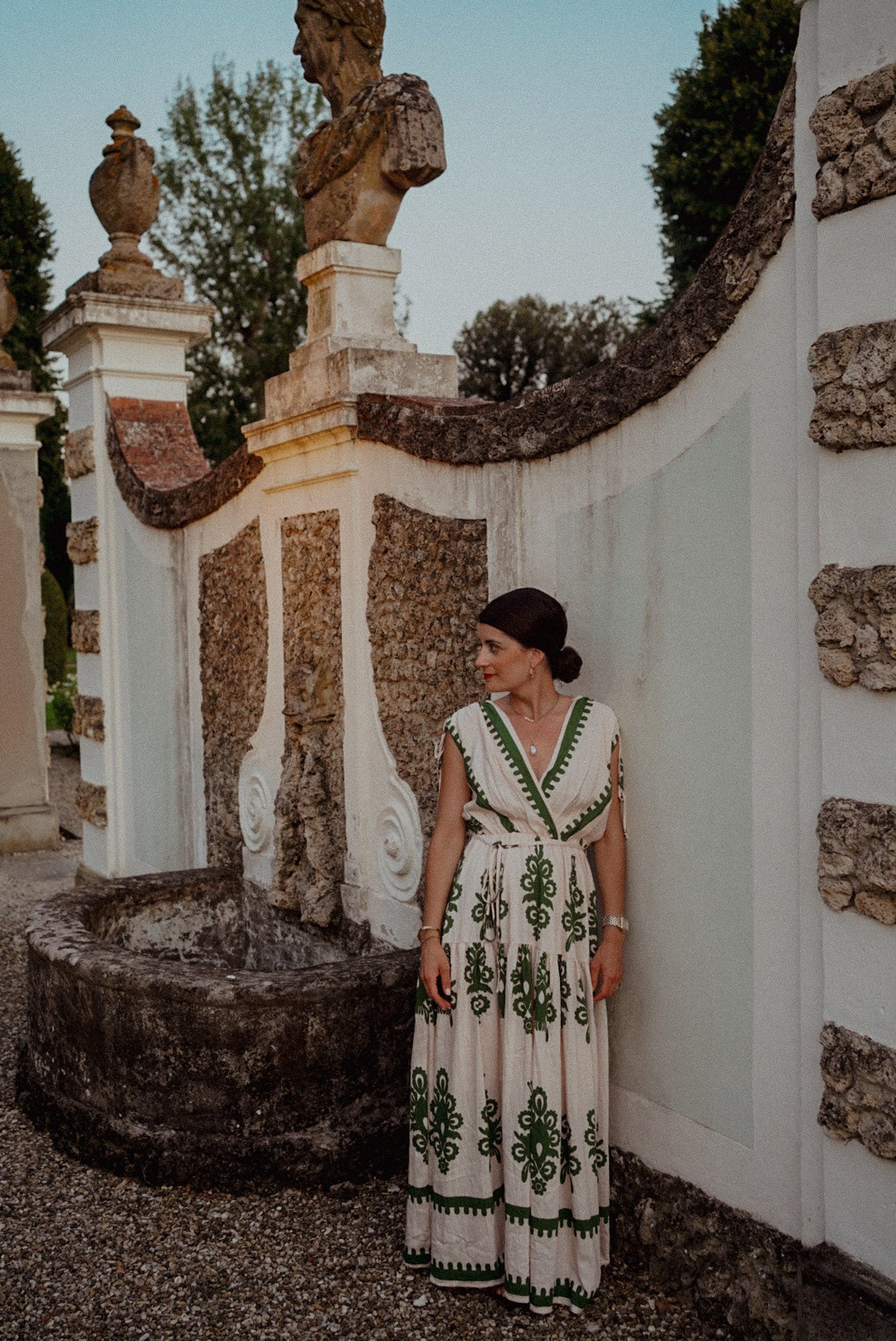 Damask Boarder Print V-Neck Maxi Dress | Green