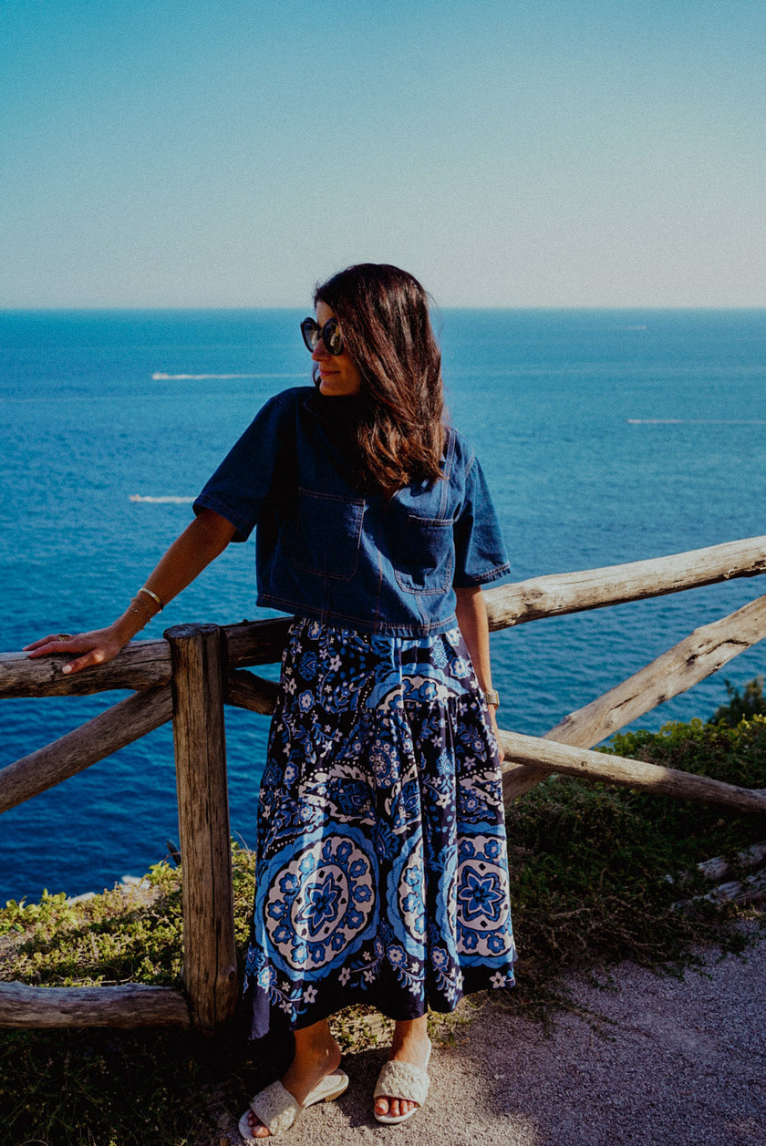 Navy Medallion High Rise Midi Skirt