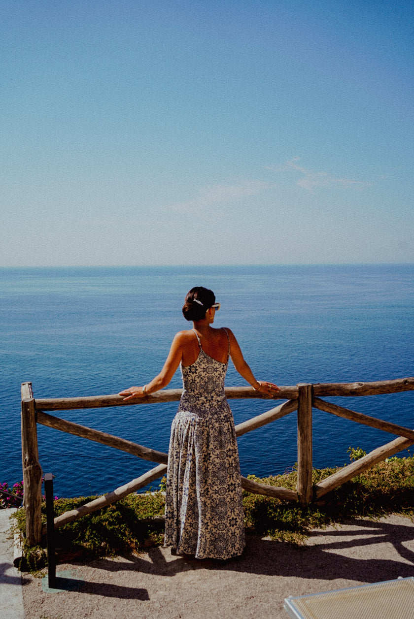 Summer in Capri Drop Waist Ruched Maxi Dress