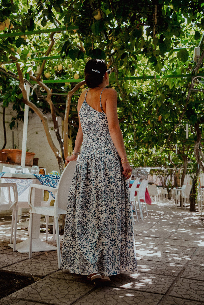 Summer in Capri Drop Waist Ruched Maxi Dress