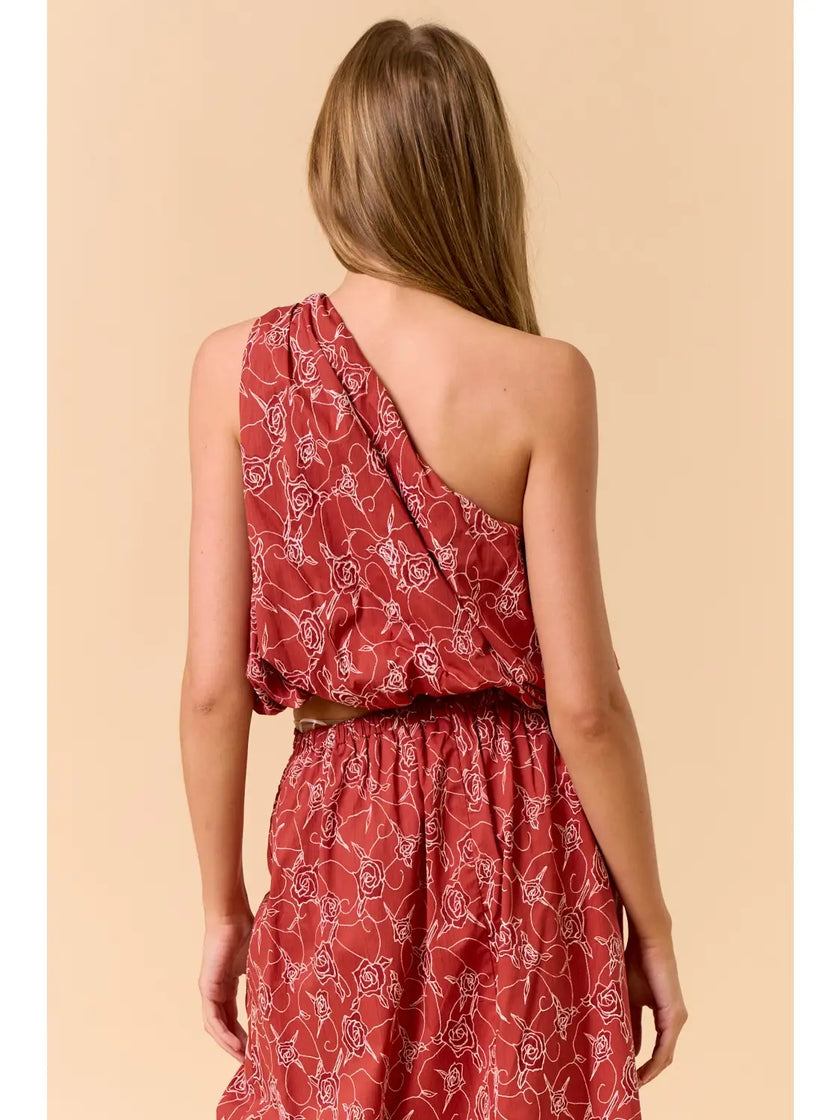 One Shoulder Bubbled Top & Shirred Maxi Skirt with Flower Embellishment Set | Terracotta