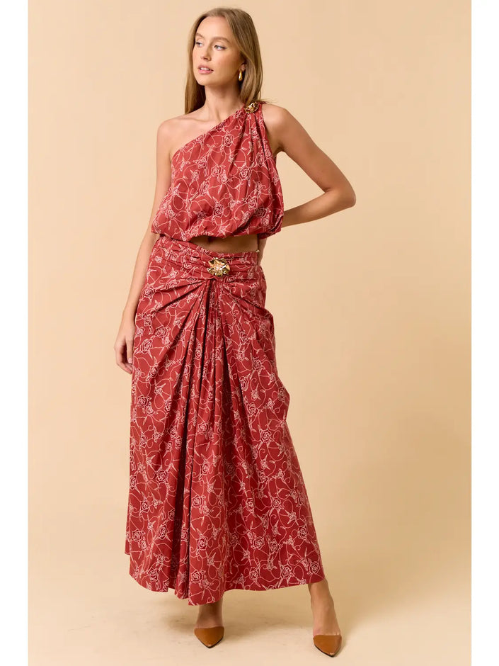 One Shoulder Bubbled Top & Shirred Maxi Skirt with Flower Embellishment Set | Terracotta