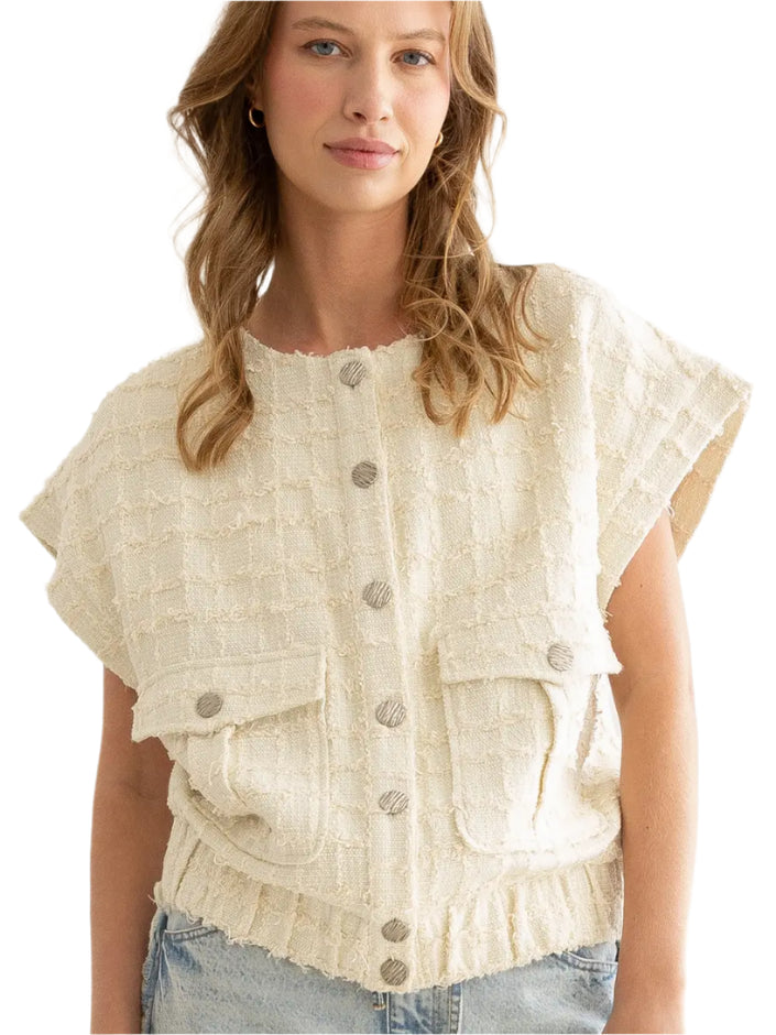 Tweed Button-Down Vest Jacket | Ivory