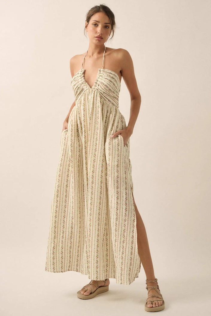 Floral Stripe-Print Tie-Back Halter Maxi Dress