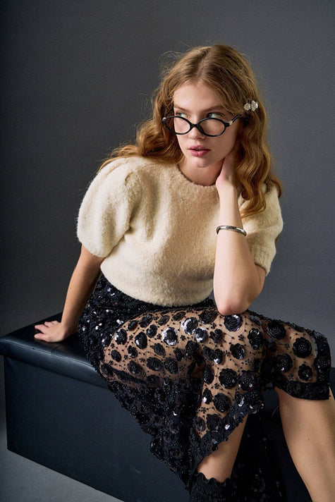 Boucle Puff Sleeve Knit Top