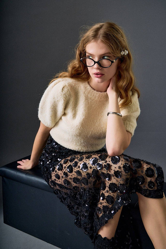 Boucle Puff Sleeve Knit Top