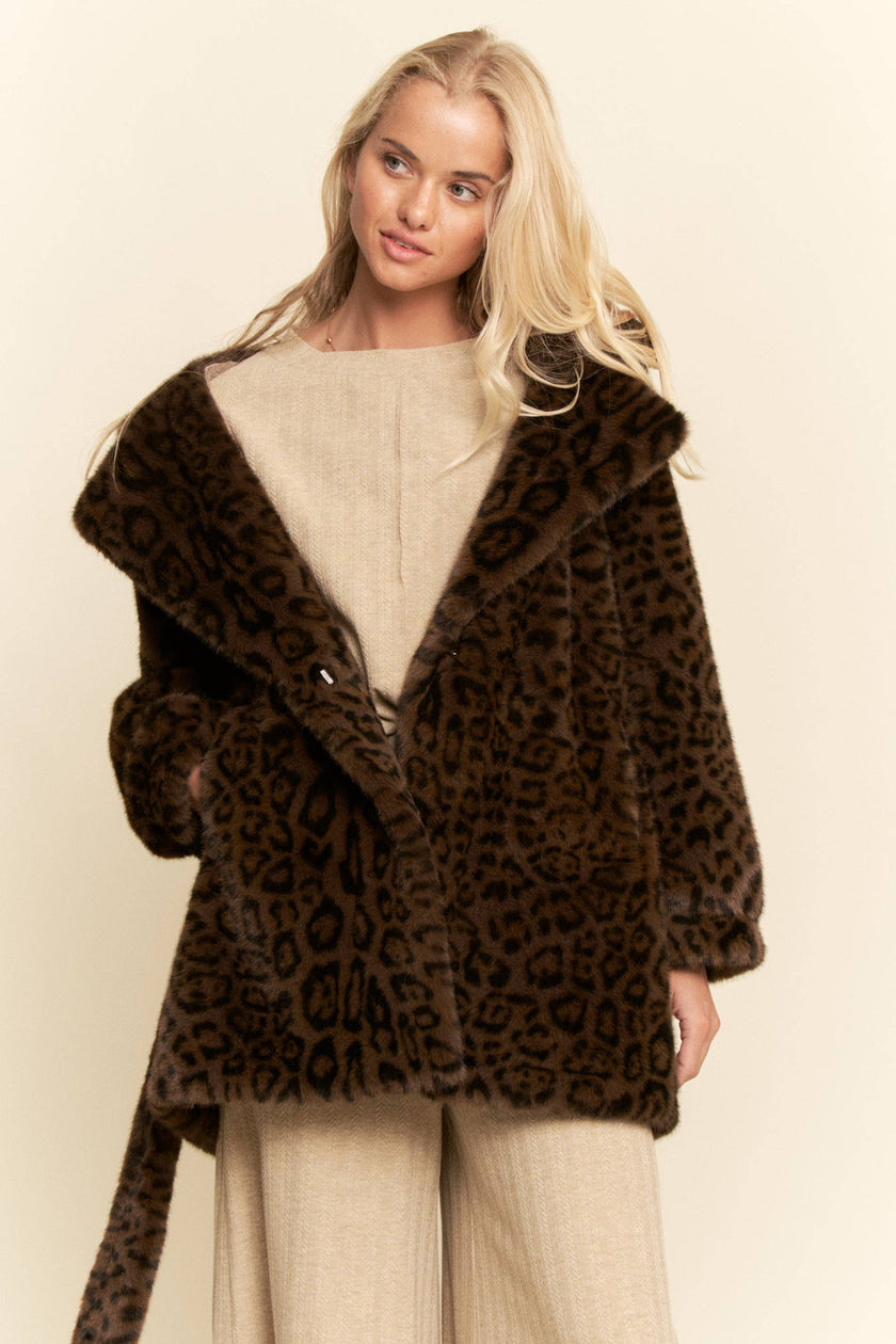 Faux Fur Leopard Print Hooded Jacket