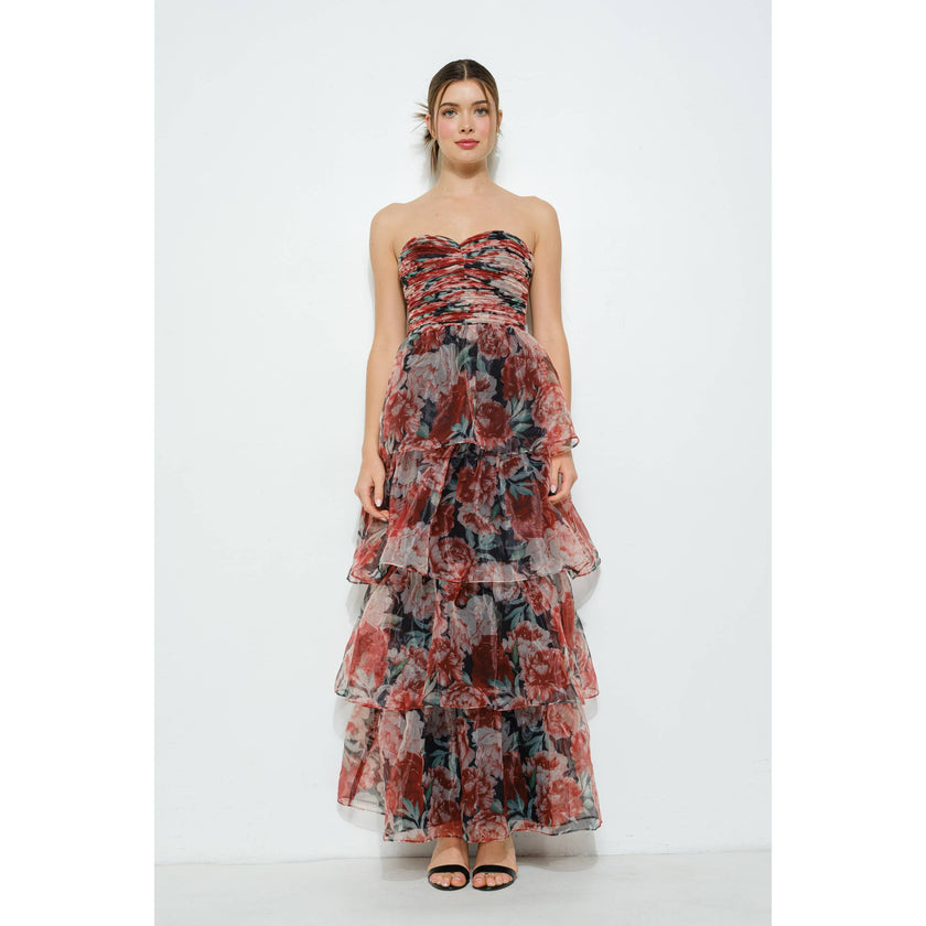 Floral-Tiered Strapless Maxi Dress