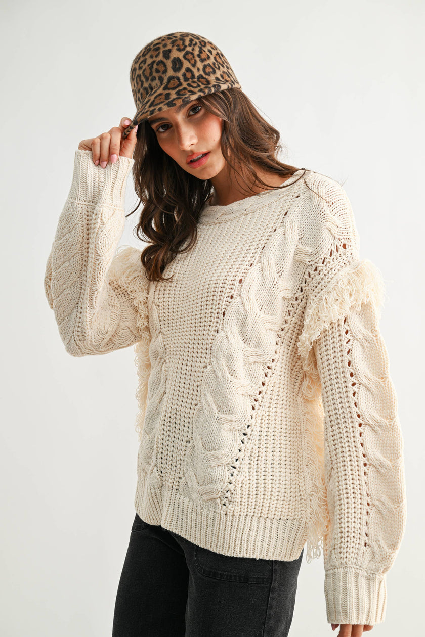 Fringe Detail Cable Knit Sweater