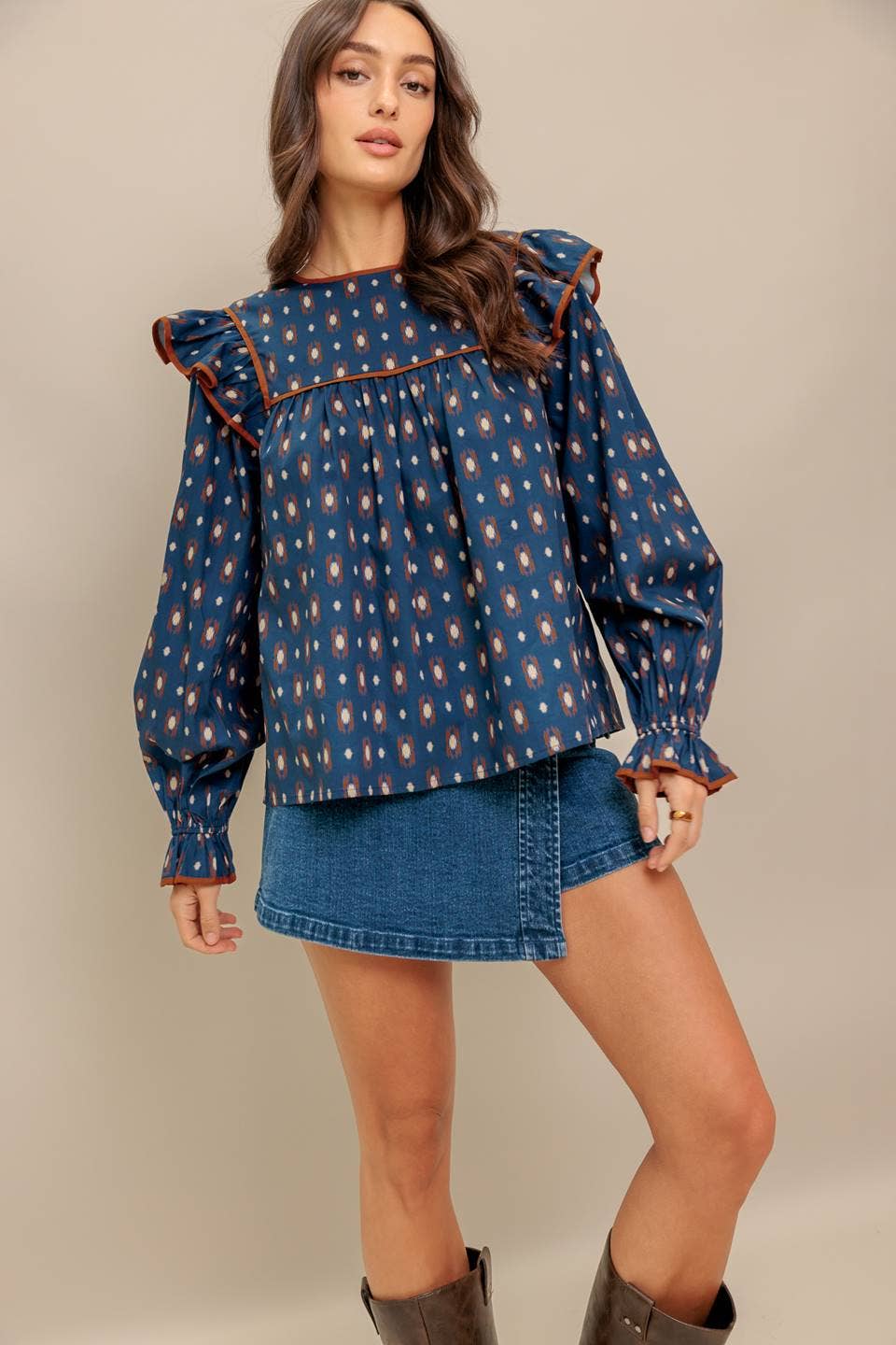 Navy Printed Ruffle Blouse