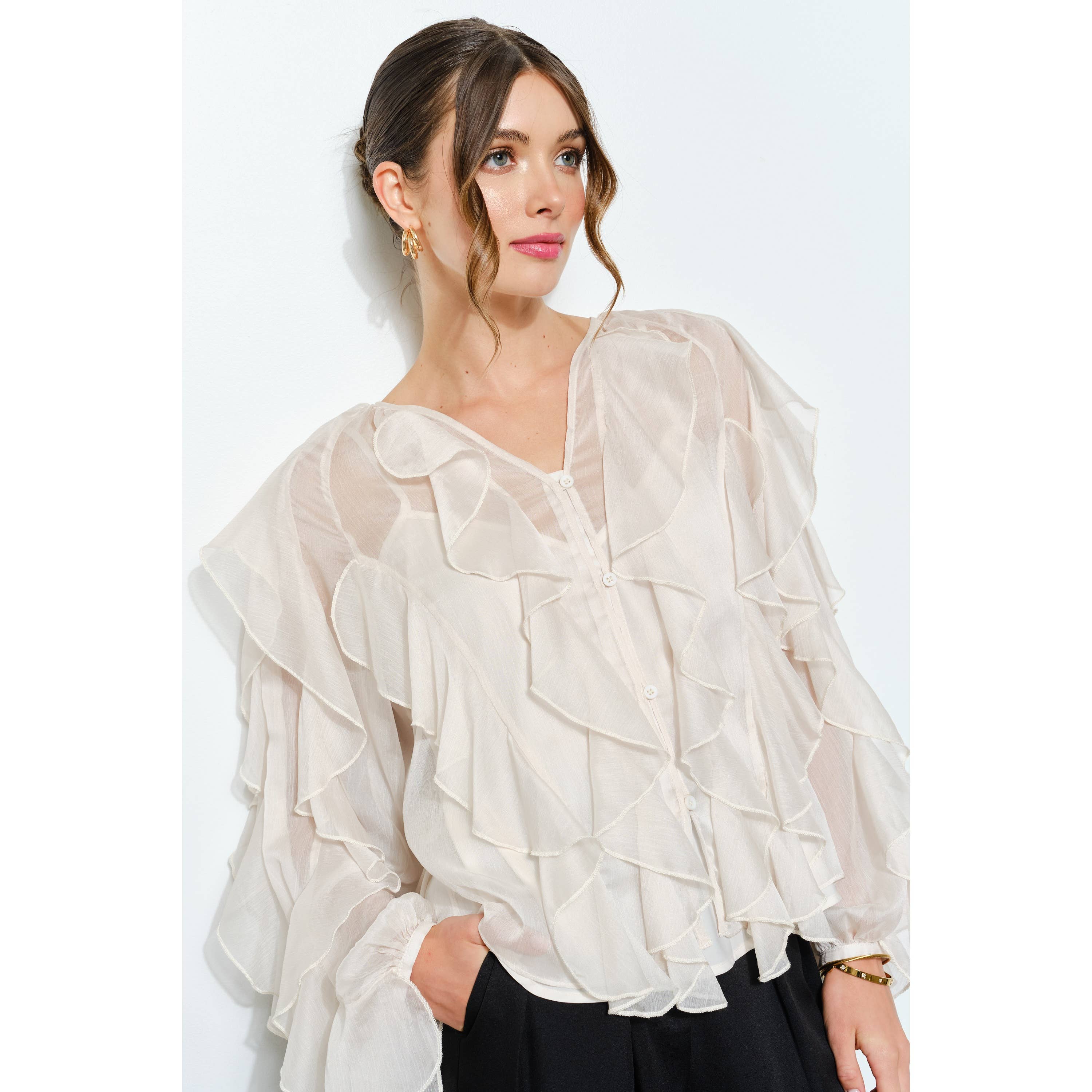 Layered Ruffle Sheer Chiffon Button-Up Blouse