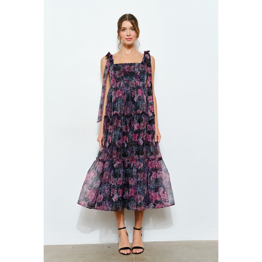 Organza Floral Printed Tiered Midi Dress | Purple