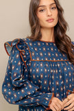 Navy Printed Ruffle Blouse