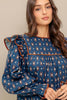 Navy Printed Ruffle Blouse
