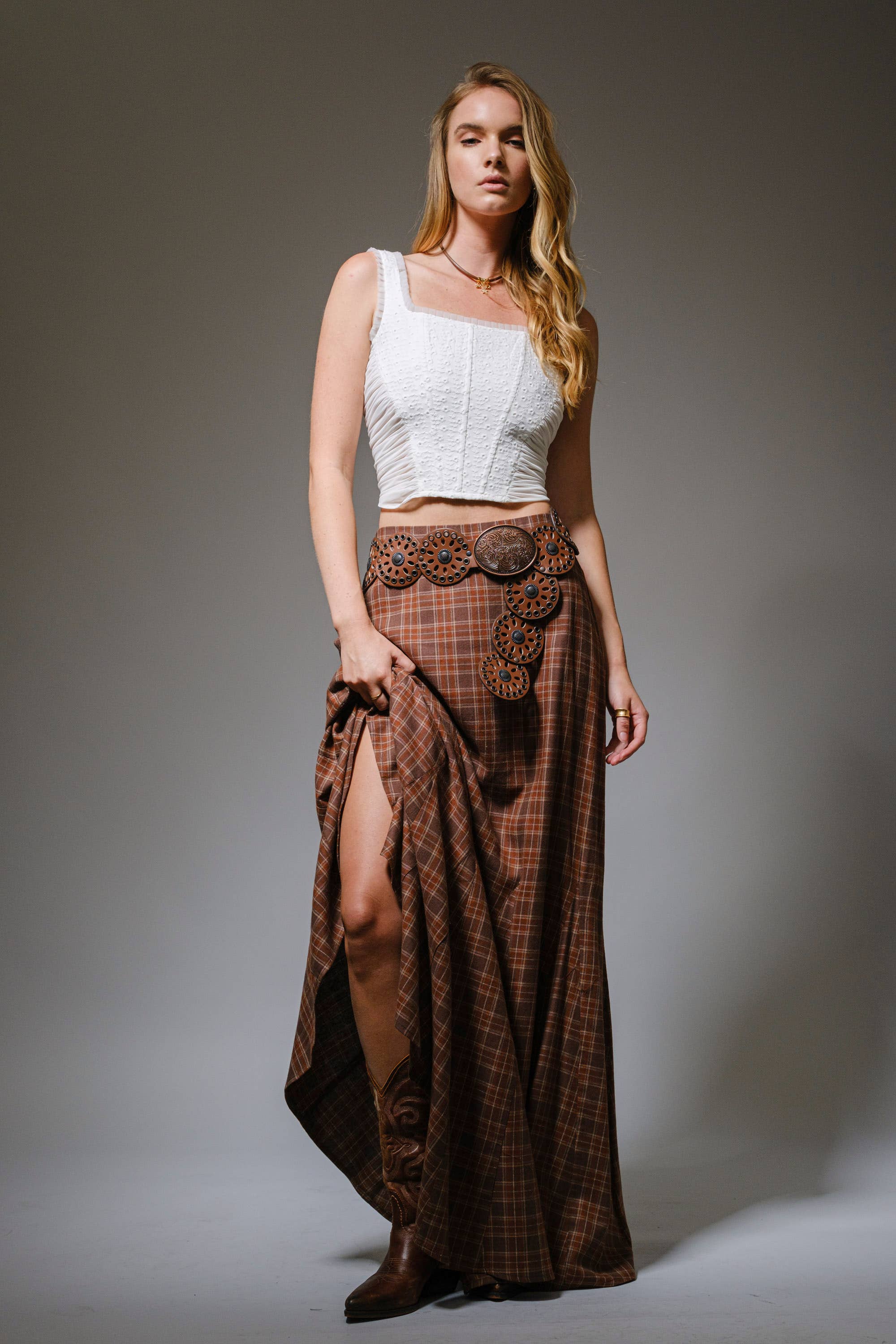 Plaid Elastic Back Maxi Skirt
