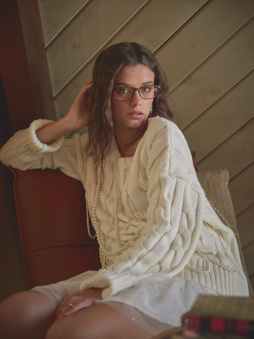 Pearl Dangle Cable Sweater Oversize Pullover