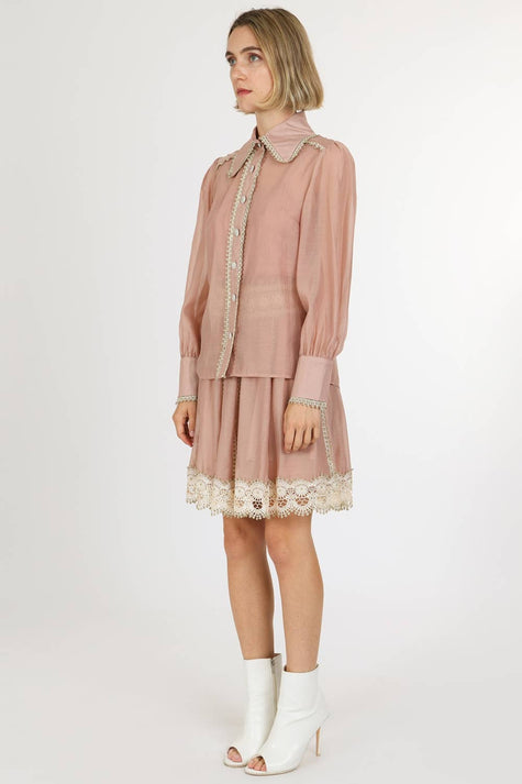 Lace Trim Detail Chiffon Shirt & Mini Skirt Set