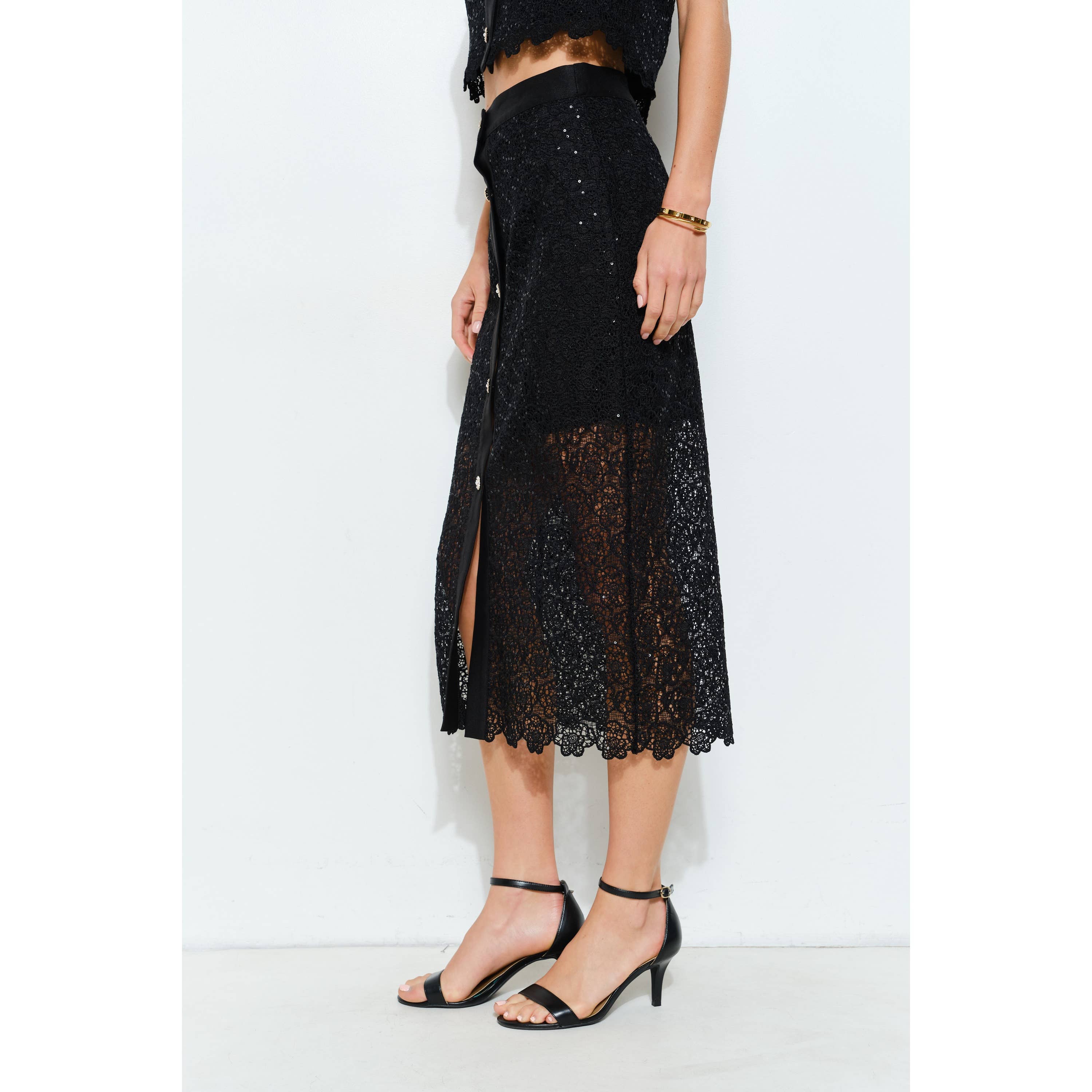 Floral Lace Button-Front Midi Skirt