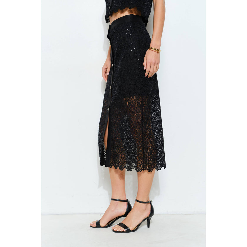 Floral Lace Button-Front Midi Skirt