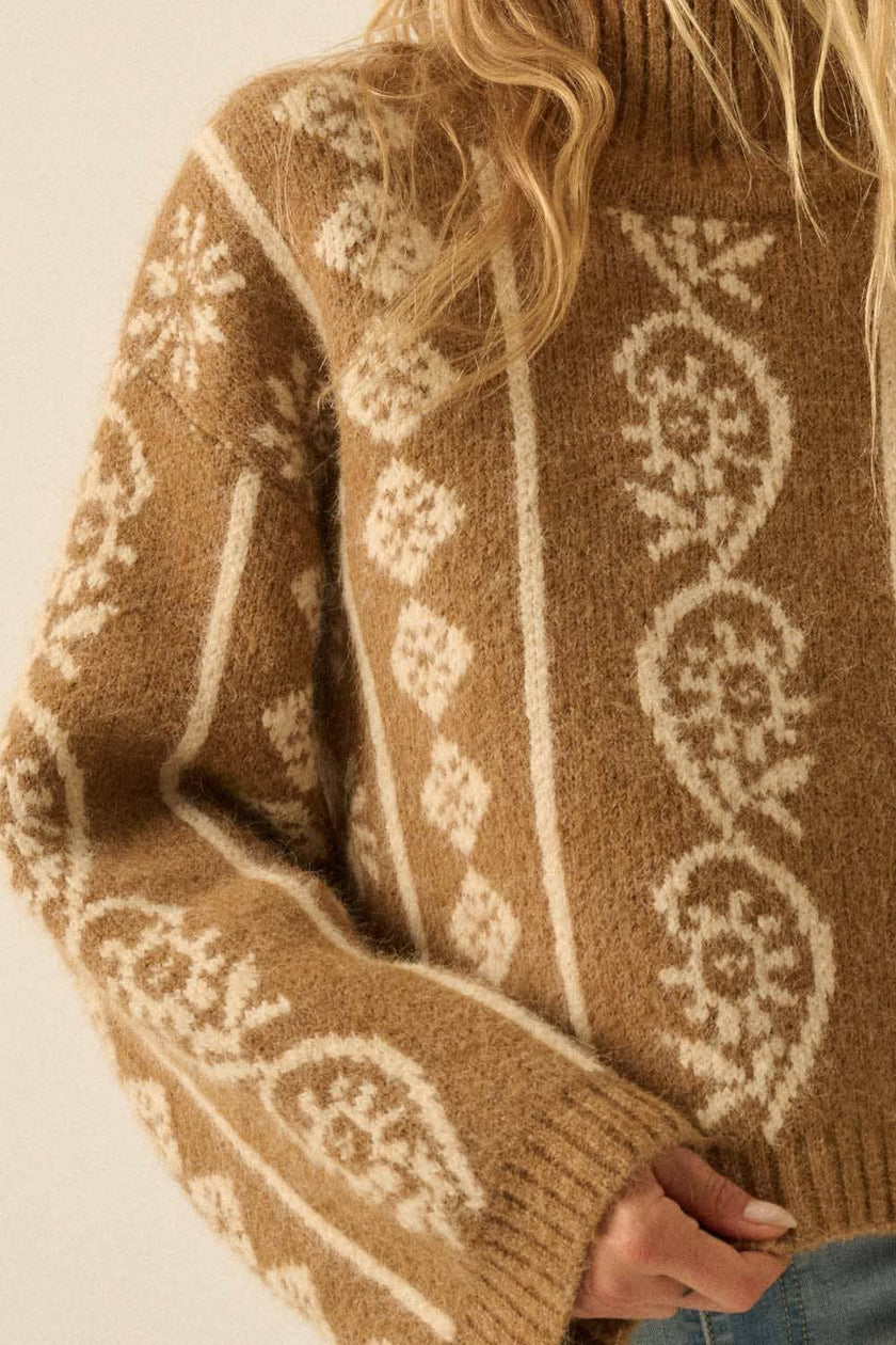 Abstract Floral Jacquard Fuzzy Mock-Neck Sweater