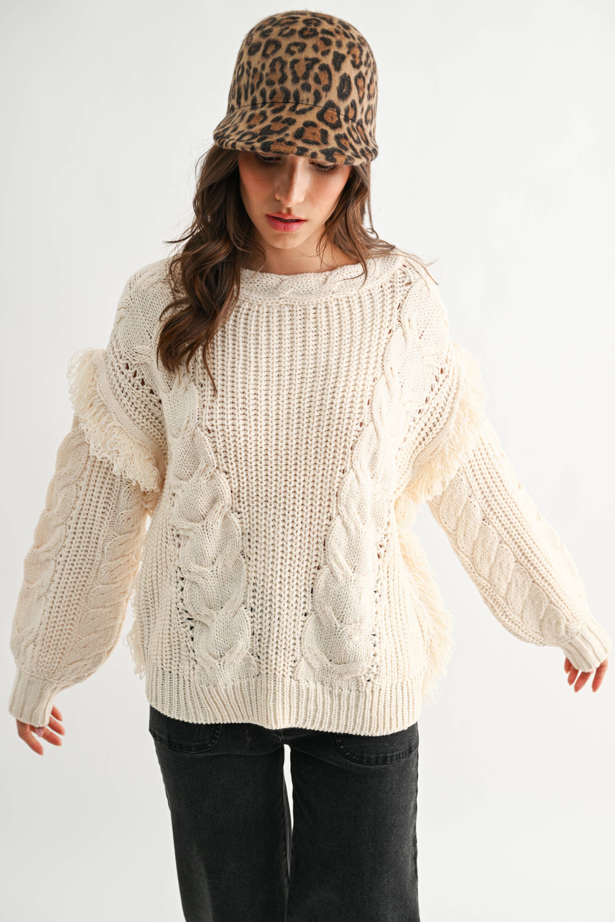 Fringe Detail Cable Knit Sweater