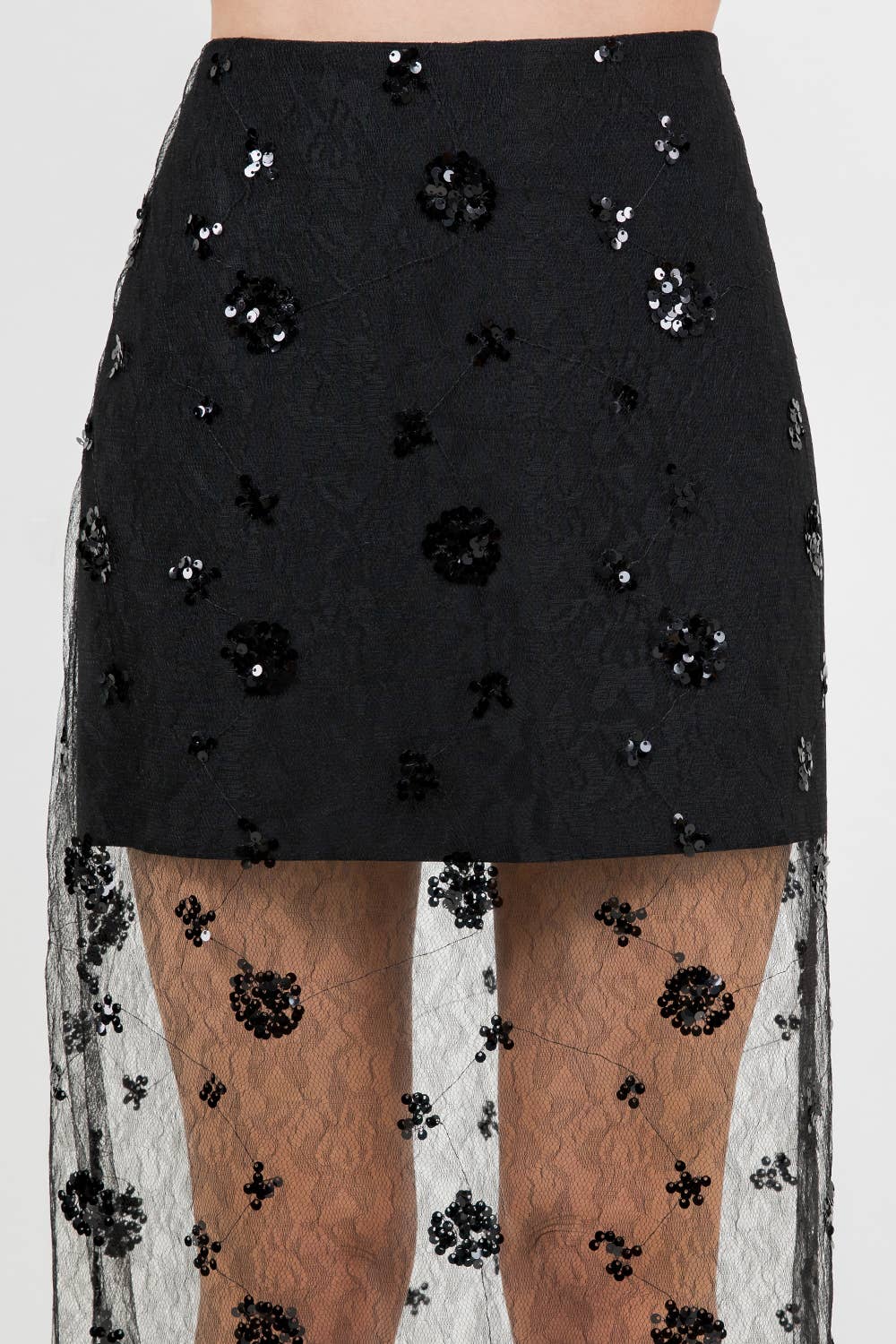 Semi Sheer Sequined Lace Midi Skirt