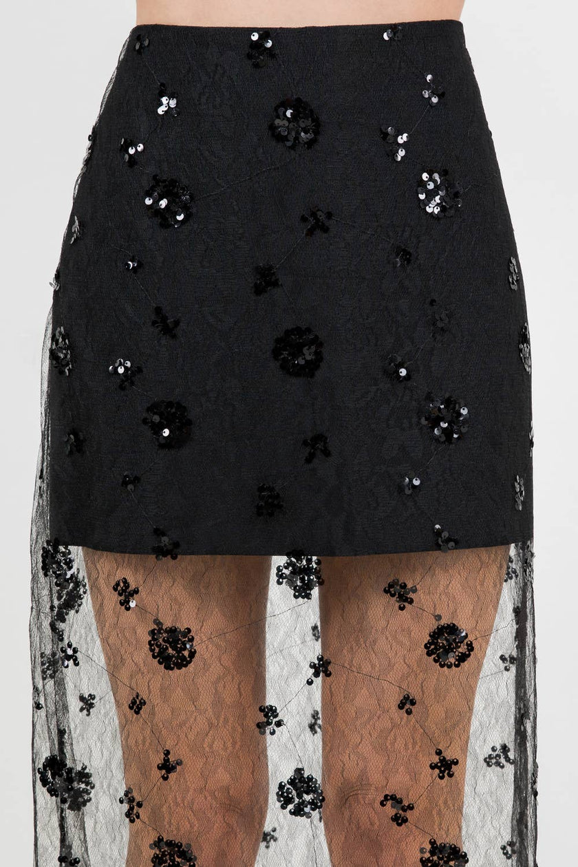 Semi Sheer Sequined Lace Midi Skirt
