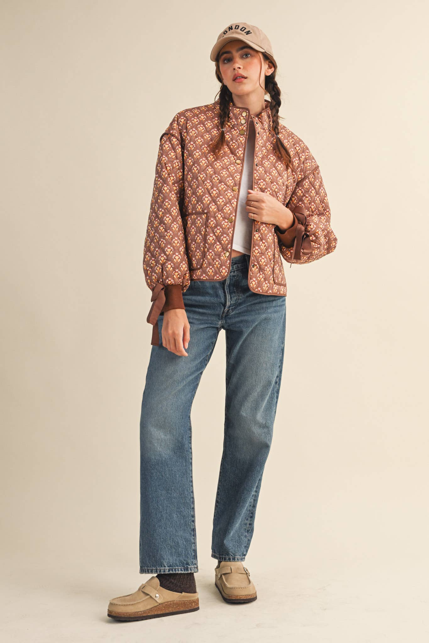 Floral Quilted Jacket Ribbon Sleeve