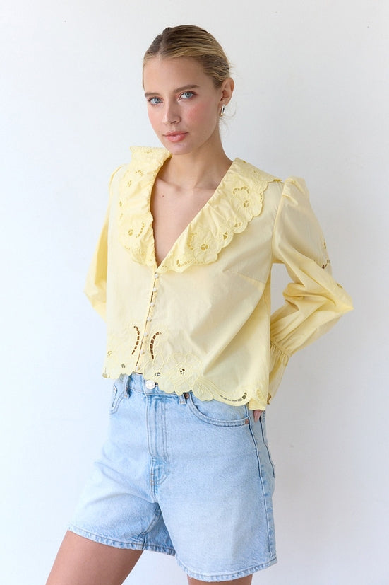 Butter Yellow Embroidery Ruffle Blouse