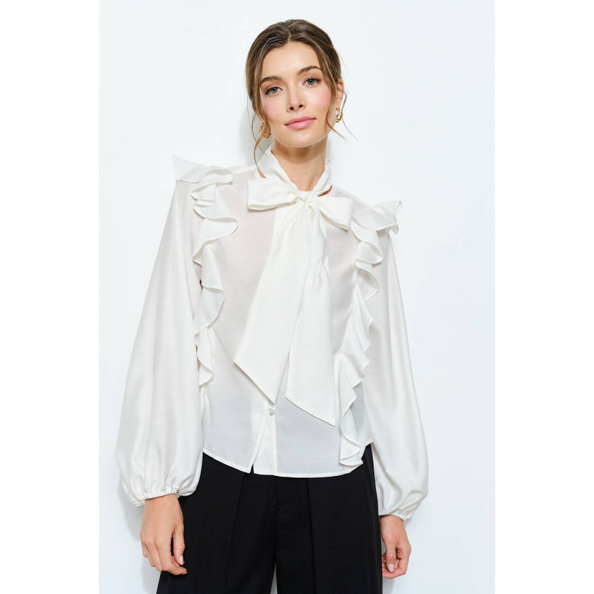 Soft Wool Blouse with Bow Tie & Pearl Buttons